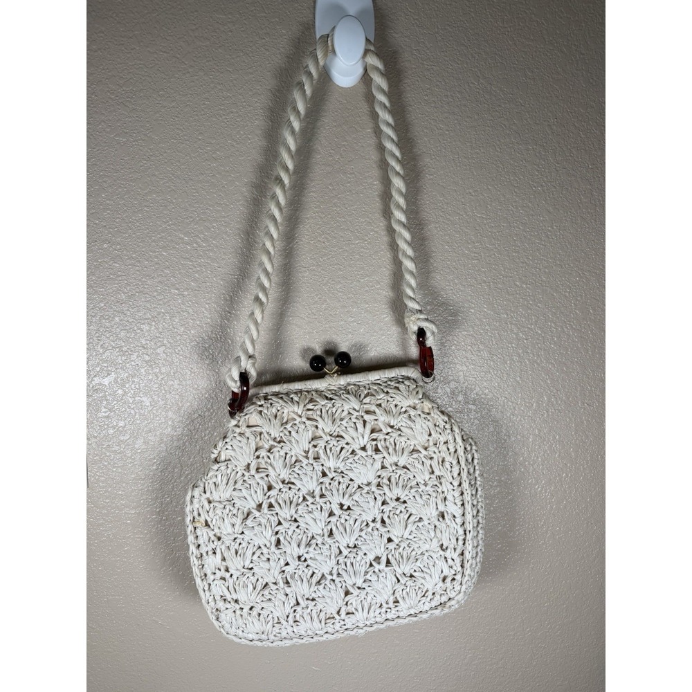 Vintage Made in‎ Italy Ivory Raffia Crochet Shoulder Bag Kiss Lock Rope Strap